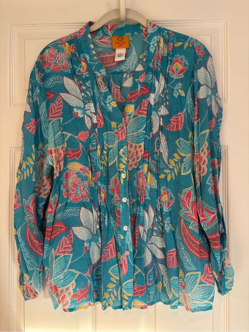 Ruby Rd. PXL Teal Floral Button-Down Blouse with Split V-neck & Roll Sleeves